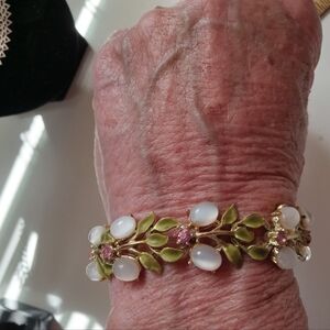Vintage Green Enamel Rhinestone faux Moonstone Bracelet